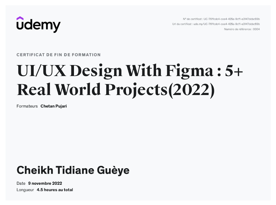 Certificat UI/UX Design With Figma : 5+ Real World Projects délivré par Udemy — Chetan Pujari