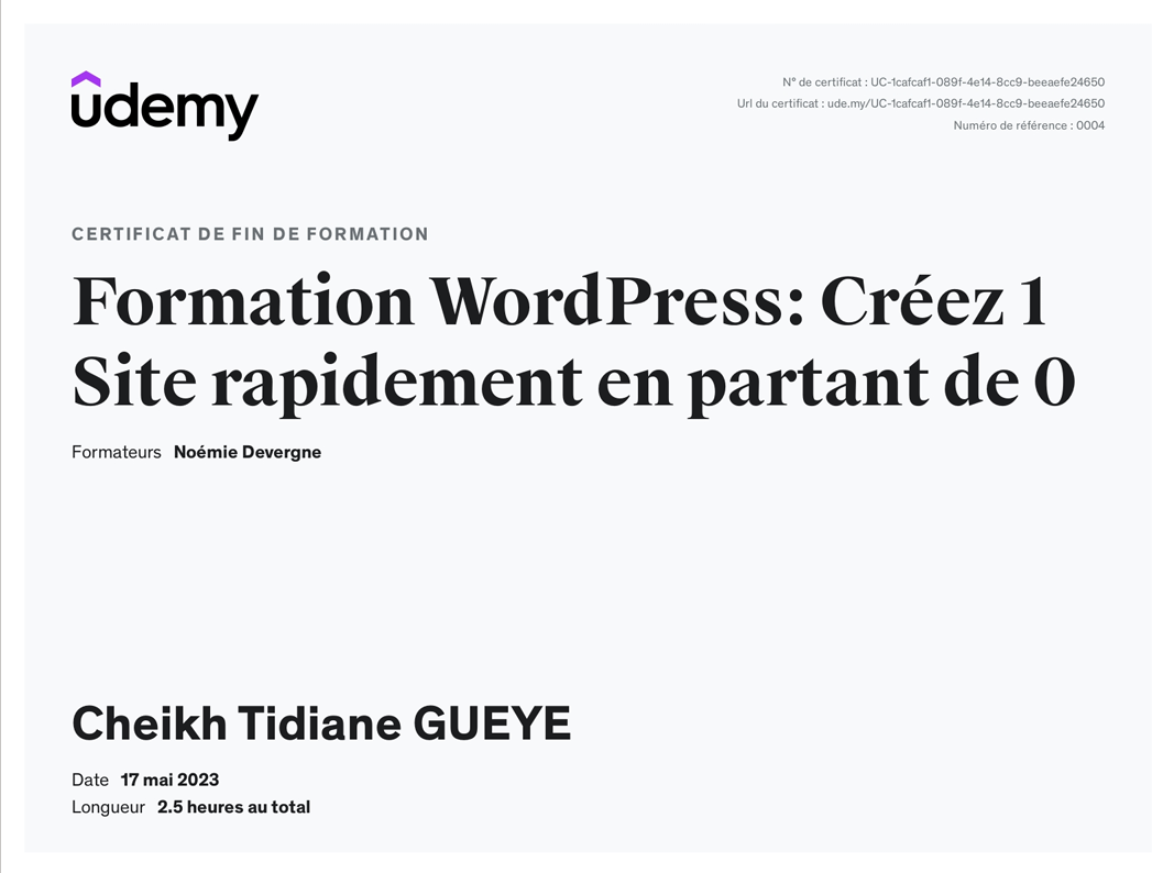 Certificat Formation WordPress : créez un site rapidement délivré par Udemy — Noémie Devergne