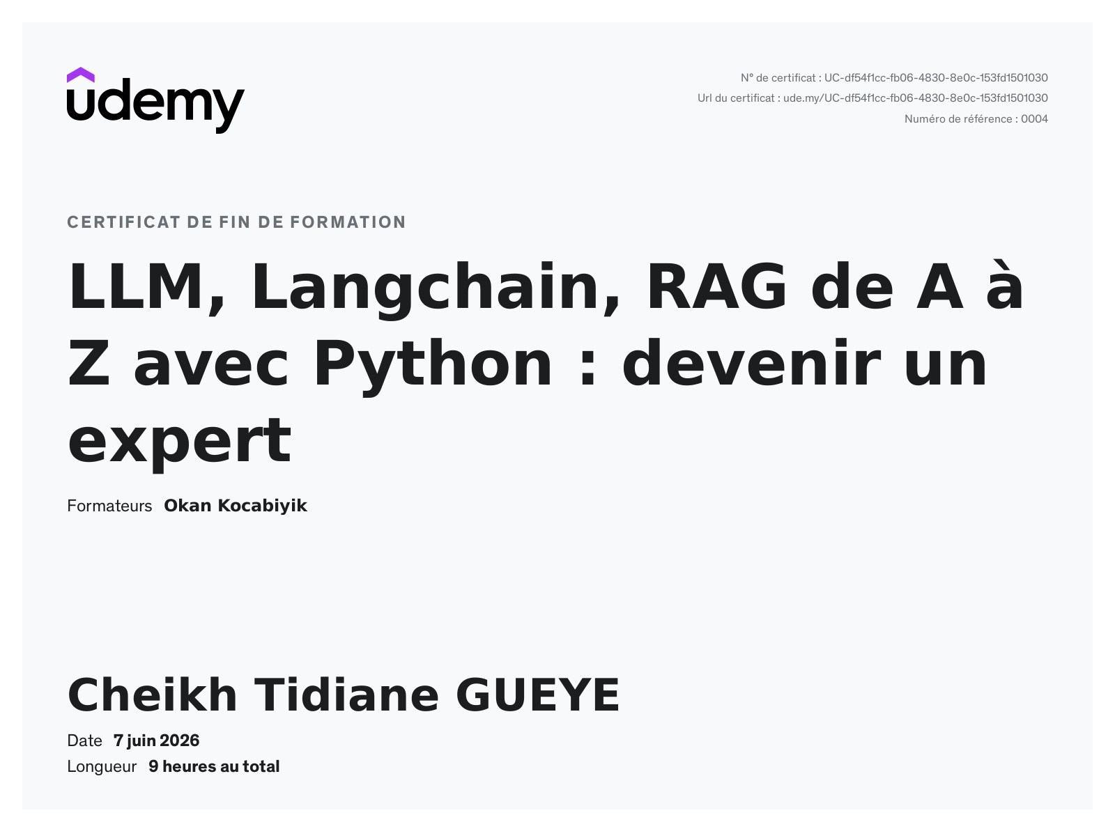 Certificat LLM, LangChain, RAG de A à Z avec Python délivré par Udemy — Okan Kocabiyik