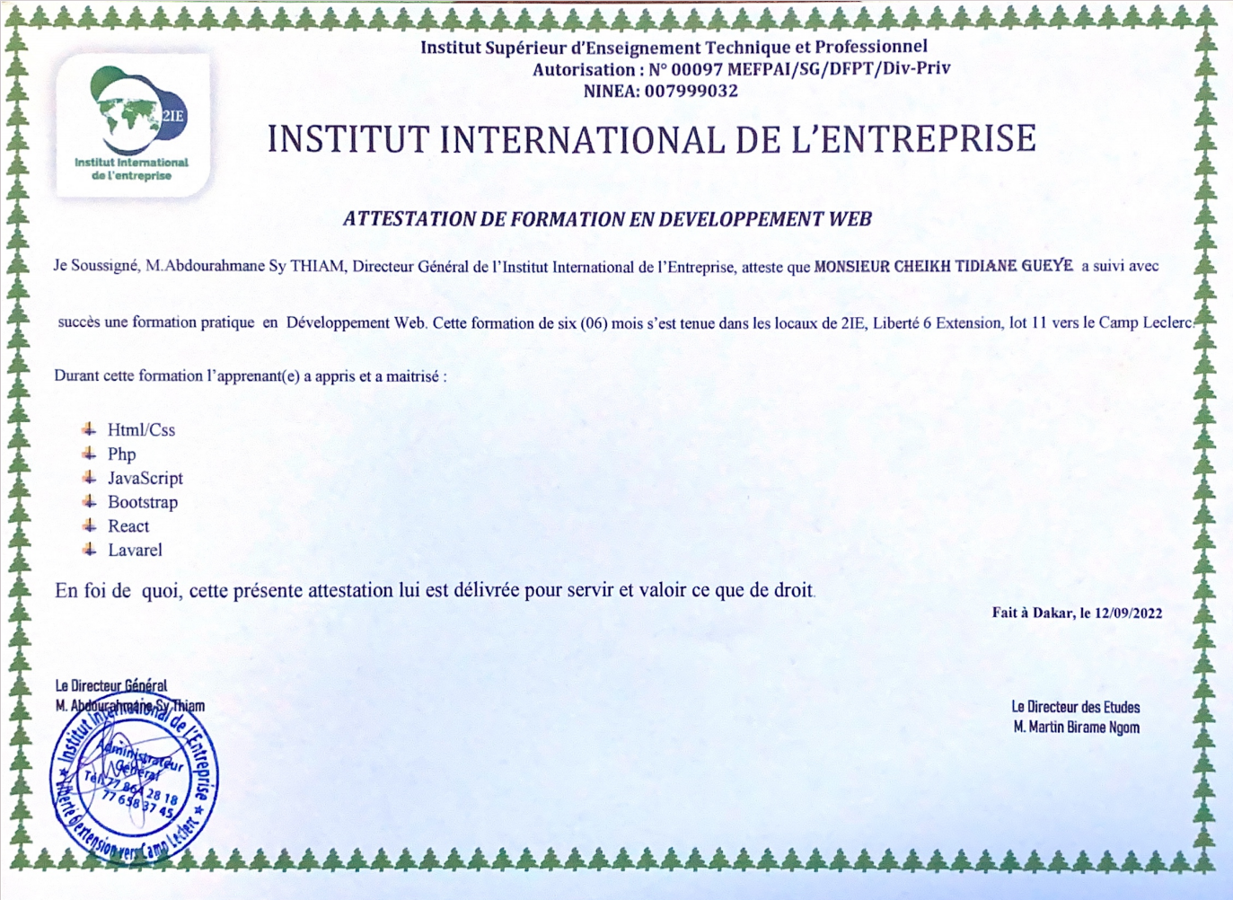 Certificat Attestation de formation en Développement Web délivré par Institut International de l'Entreprise (2IE)